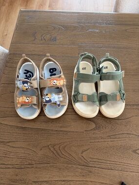 H&M Kids Olive Green Hook-and-Loop Sandals (Pair) + Brown Cartoon Strap Sandals